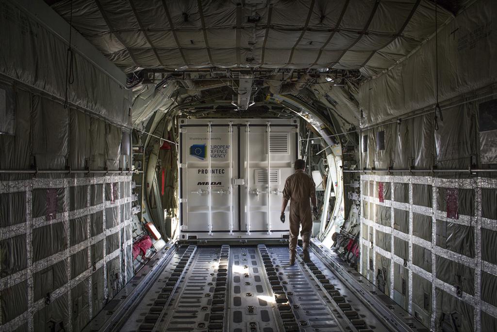 Figure 2: EDA 3D-printing Lab during the airlift, inside a C-130 aircraft.