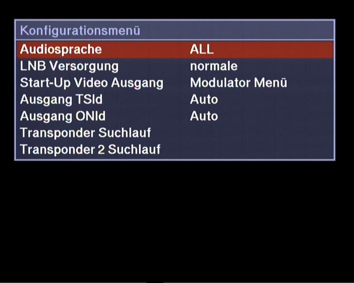 Alle anderen Parameter sind gleich wie im Haupt-Tuner. Der Neben-Tuner muss immer nach dem Haupt-Tuner eingestellt werden. Zuerst muss Transponder Suchlauf ausgewählt werden.