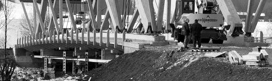 den bestehenden Brückenpfeilern und zusätzlichen Hilfsjochen abgestützt eingebaut (Abbildung 13). Anschließend konnte der zweite Teil der Fahrbahnkonstruktion in Einzelteilen vor Ort montiert werden.