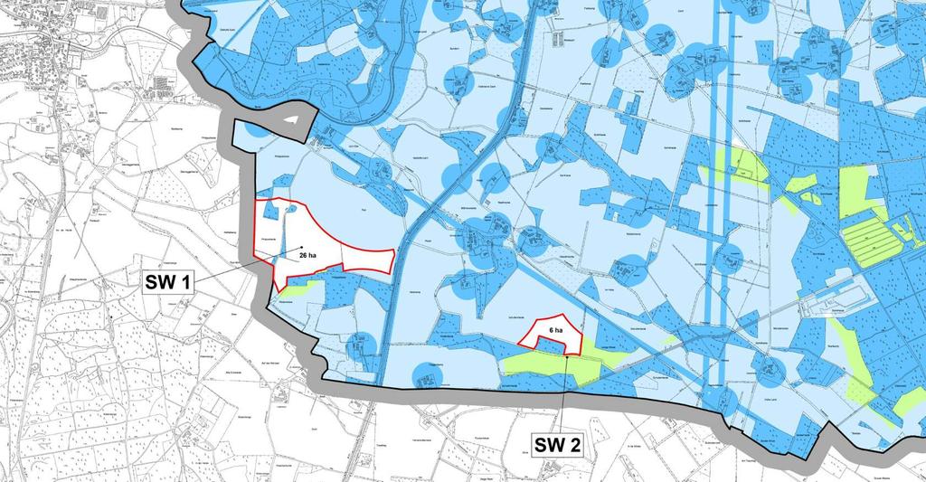 SW 1 wird gemeinsam mit der Nachbarstadt Telgte geplant. SW 2 ist ein Grenzfall. Die Fläche für sich genommen ist zu klein, der Abstand zu SW 1 ist mit 970 m recht groß.