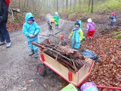 Die Kinder beim Sammeln von Naturmaterial im Wald im Vorfeld