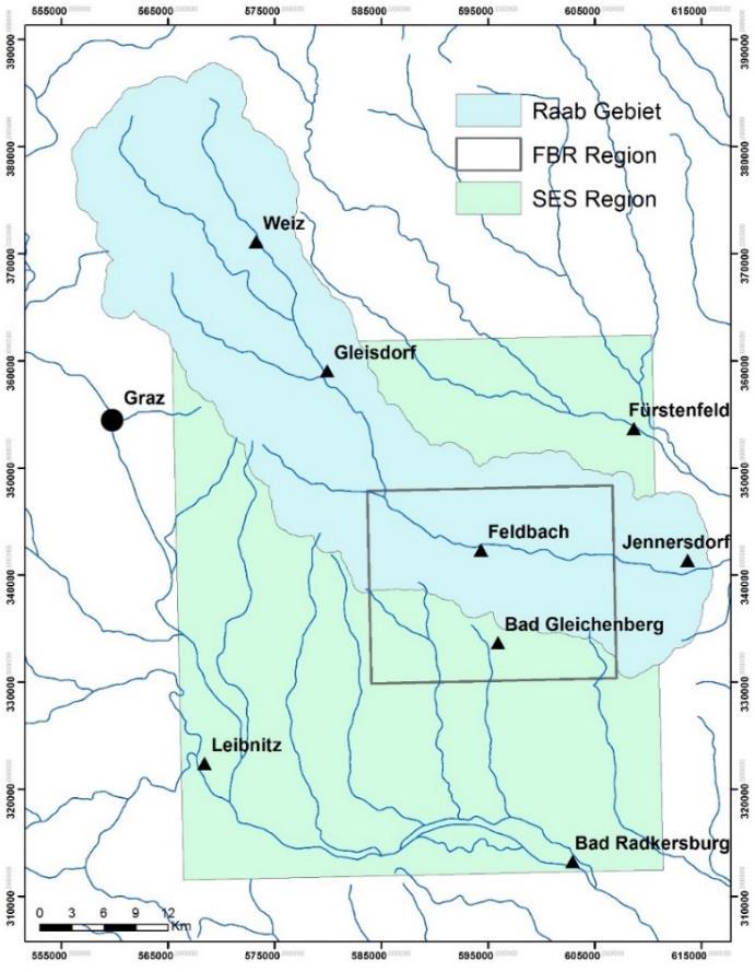 1.2 Projektgebiet Das Projektgebiet (Abbildung 1) umfasst das gesamte österreichische hydrologische Einzugsgebiet der Raab (Raab Gebiet) sowie einen quadratisch abgegrenzten Projektraum für die