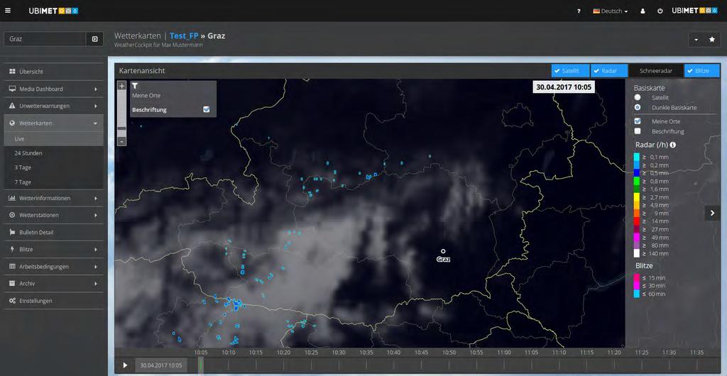 6: Menüleiste Wetterkarten (Live) Animation von Radar, Blitzen und Wolken (Satellit) der letzten 90 Minuten.