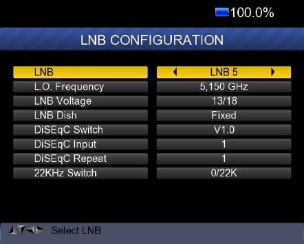 Drücken Sie die Taste <OK>, um die LNB-Konfiguration einzurichten (siehe Abbildung). a. LNB: Verwenden Sie die Taste <Links / Rechts>, um LNB auszuwählen b. L.O. Frequency: Geben Sie die richtige LNB-Frequenz ein.