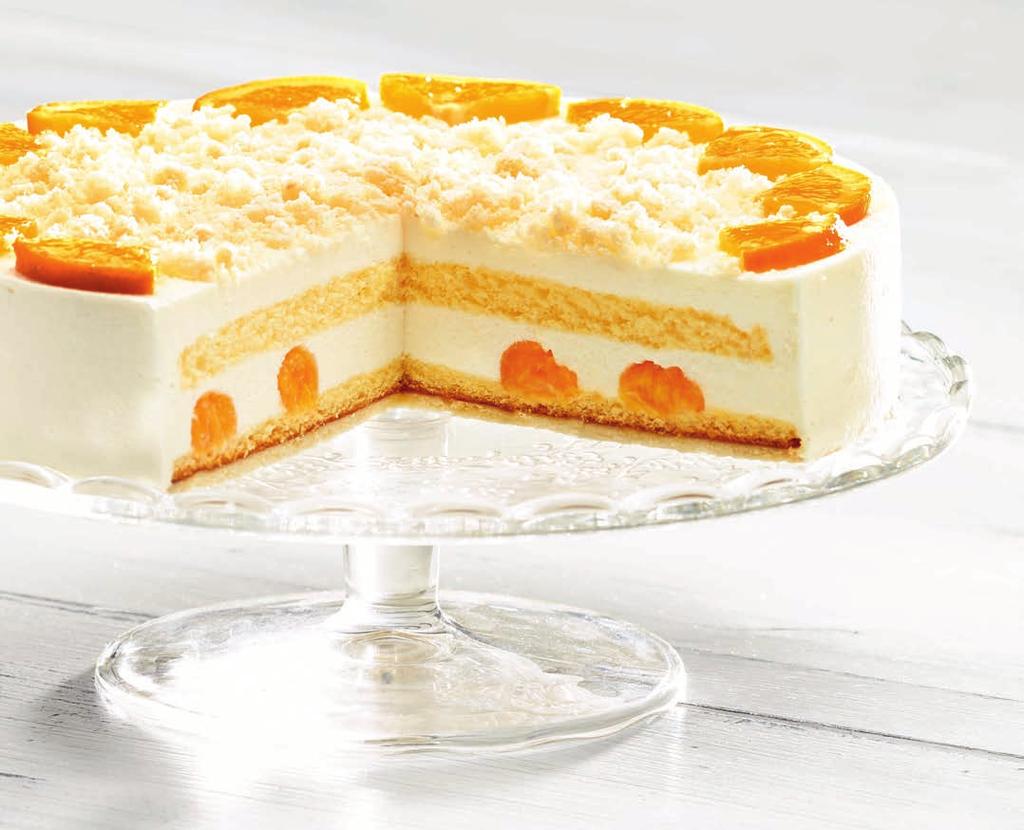 Ein Klassiker trifft Orange Orangen-Käse-Sahne-Torte Rezept-Nr.: 03572 Den Mürbeteigboden (Ø 26 cm) mit Aprikosenkonfitüre bestreichen und eine Lage Biskuitboden (ca. 130 g) auflegen.