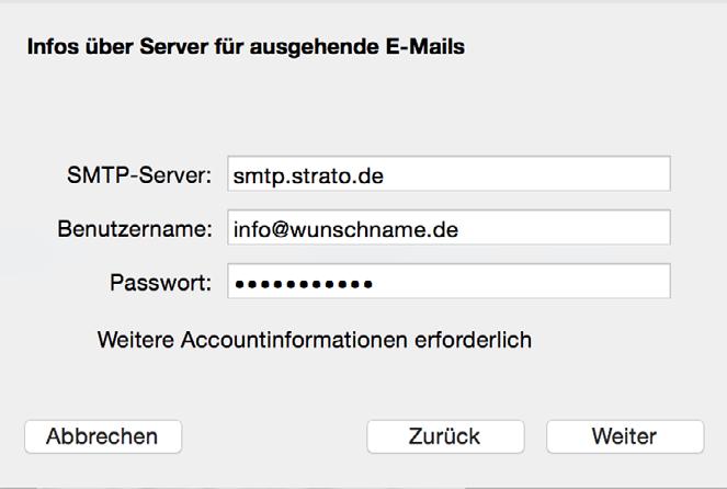 Ausgehende Servereinstellungen: SMTP-Server Benutzername Kennwort smtp.strato.