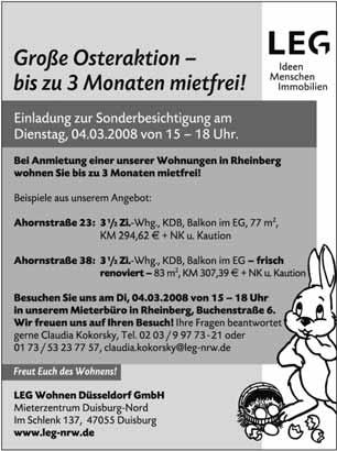 KM 380v + NK 02802/3136 Rheinberg-Orsoy schönes Single-App. in Top Lage, Wohn-/Schlafraum, Kü. Bad, 46m 2, zum 1.6. zu verm. 0173/6177894 od.
