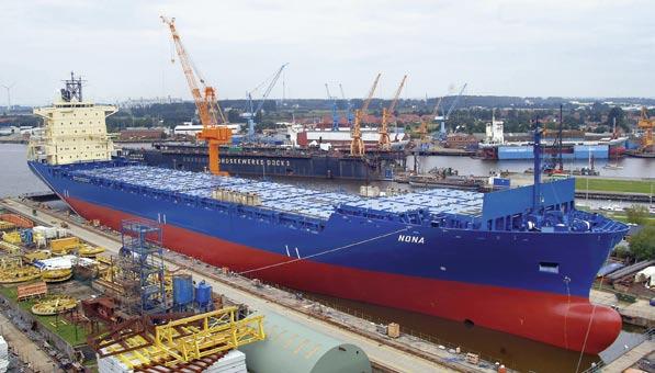 Containerschiff NONA, 2700 TEU trotz gestiegenen Auftragsvolumens von 53 % Ende 2006 auf 36 % verminderte, stieg der chinesische Anteil von 33 % auf 42 %.
