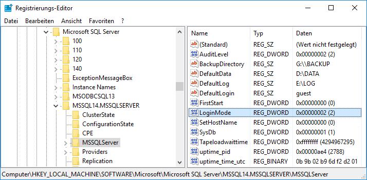 10.1 Authentifizierungsmodi Anmeldungen und Benutzer 777 Bild 10.2 Serverauthentifizierung in der Registry 10.1.1 Windows-Authentifizierung Bei der Windows-Authentifizierung übernimmt der SQL Server den Login von der Domänenanmeldung.