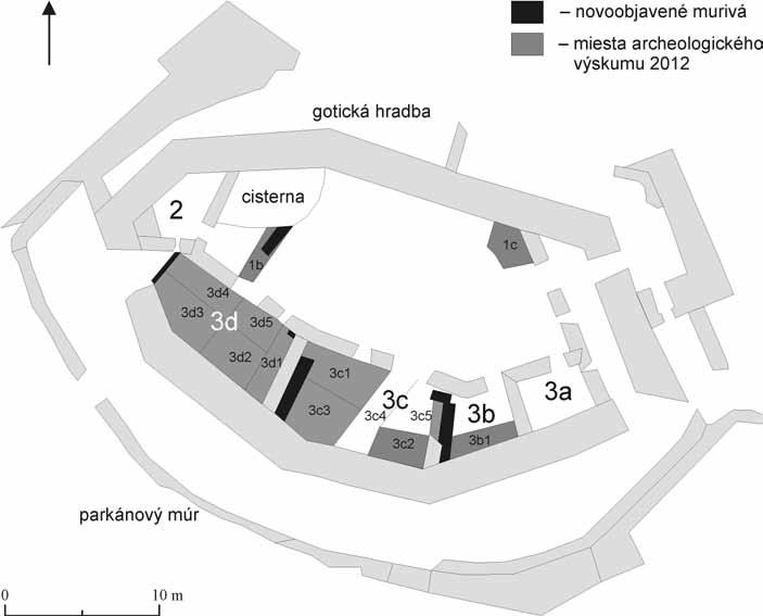 174 Obr. 21. Divín (Hrad). Horný hrad pôdorys s vyznačením archeologických sond a novoobjavených murív.