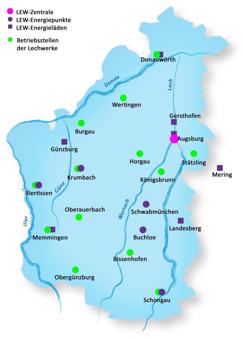Lechwerke Service für unsere Kunden in Energieläden und Energiepunkten in Augsburg, Buchloe, Donauwörth, Günzburg, Landsberg, Memmingen, Mering, Schongau und Illertissen.