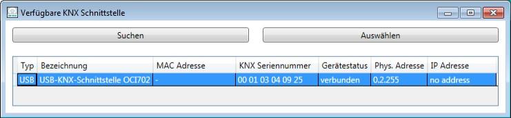 KNX Schnittstelle auswählen Die Busankopplung erfolgt mit einer USB- oder IP-Schnittstelle. Im Bereich KNX Verbindung lässt sich die KNX Schnittstelle auswählen.