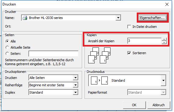 Falls Papiergröße auf A5 angepasst werden soll, auf Eigenschaften