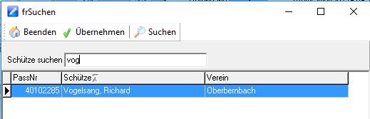 Auf Schütze suchen klicken. Die 3 Anfangsbuchstaben vom Schützen eingeben und auf suchen klicken. Schütze auswählen und auf übernehmen klicken.