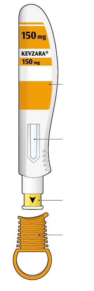 Kevzara 150 mg Injektionslösung im Fertigpen Sarilumab Bedienungsanleitung Diese Abbildung zeigt die Komponenten des Kevzara-Fertigpens.
