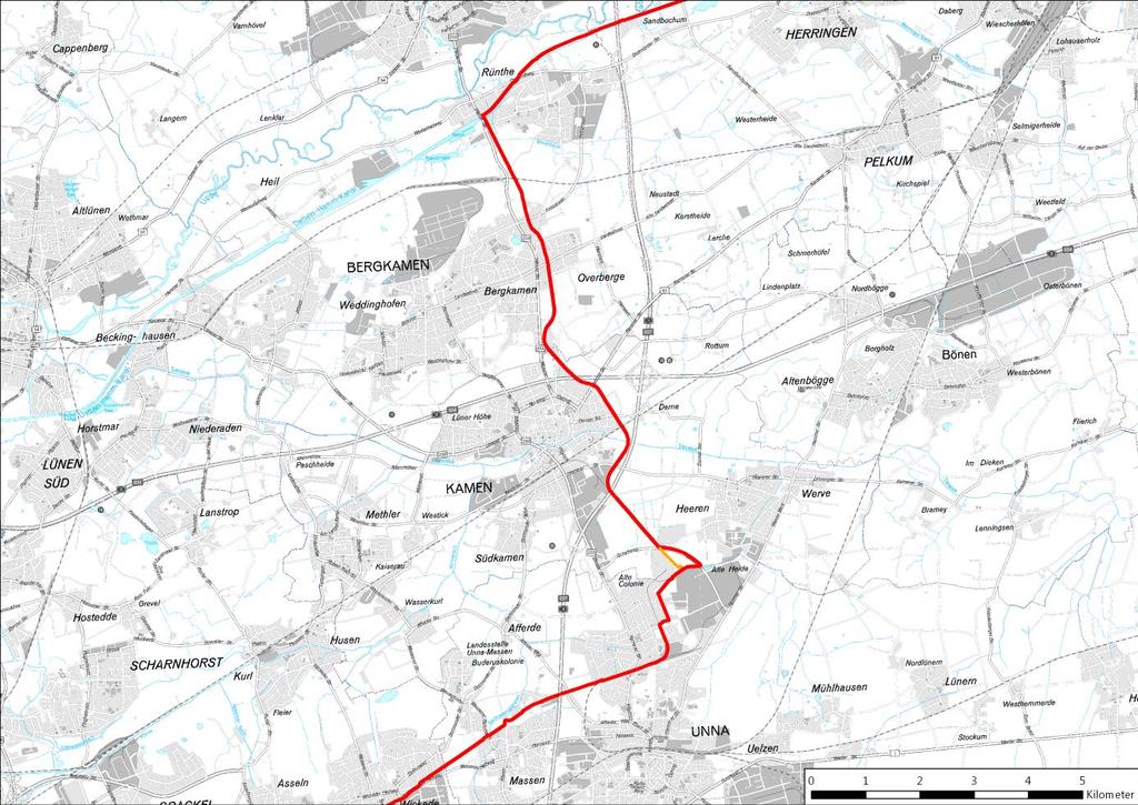 Kreis Unna Abb. 10: Trassenverlauf Kreis Unna Kartengrundlage: Regionalverband Ruhr, Essen Ab der Stadtgrenze Dortmund ist die Führung nördlich der S-Bahn vorgesehen.