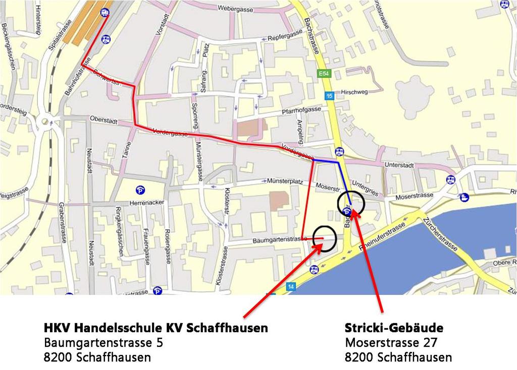 Unser Standort Öffentlicher Verkehr Stadtbus ab Hauptbahnhof Nummer 5 Richtung Buchthalen, Haltestelle Rhybadi Parkplätze Gebührenpflichtige