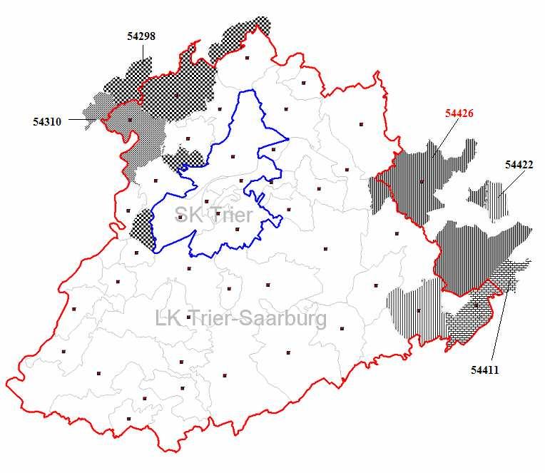 Abbildung 6: Geographische Karte der Region Trier Quelle: Eigene Darstellung (Programm: Regiograph 8, Kartenmaterial aus 2004) 19 Hierbei ergab sich für die Postleitzahl 54310, dass sie zu der
