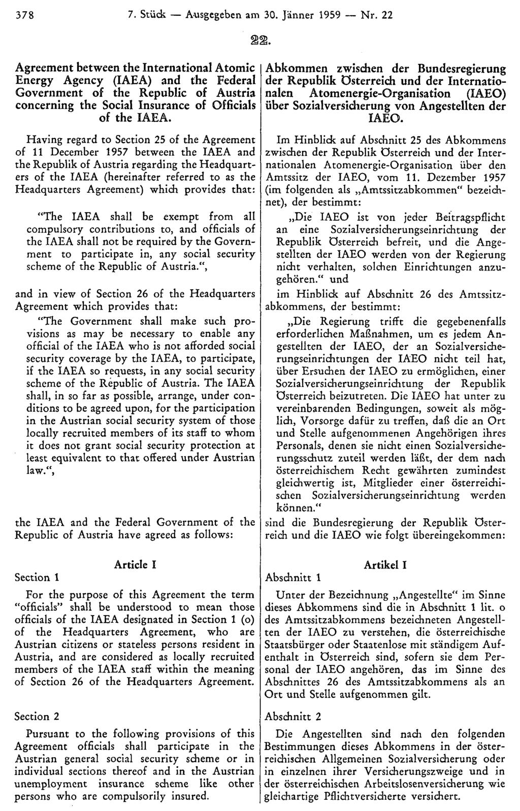 378 7. Stück Ausgegeben am 30. Jänner 1959 Nr. 22 22.