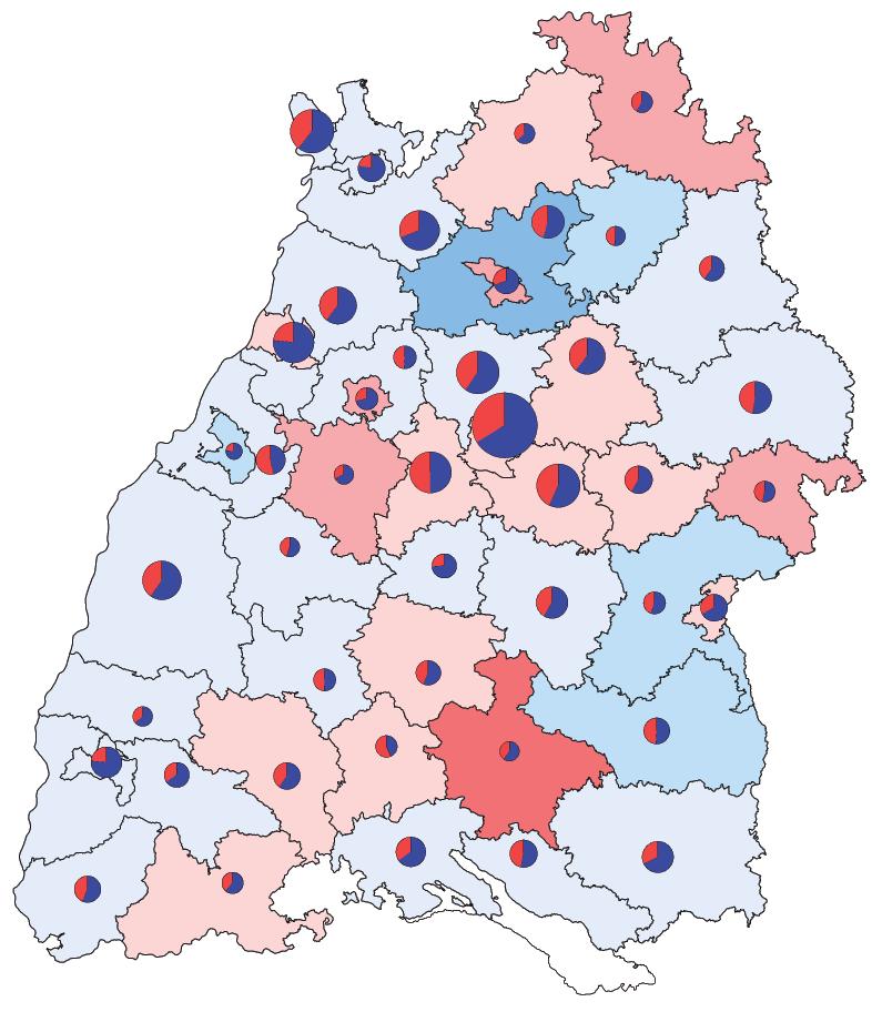 Wirtschaft, S1 Wirtschaftsstruktur 2004*) und Wirtschaftswachstum 2004**) gegenüber 1992 in den Stadt- und Landkreisen Baden-Württembergs Wirtschaftswachstum BIP Landeswert: 32,4 % Abweichung vom