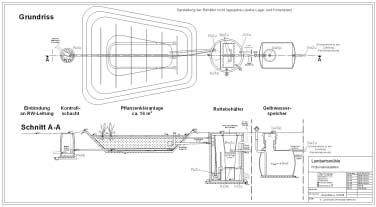 Abb. 11: Grundriss und Schnitt durch die Abwasseranlagen 3.2.1 Gelbwasserspeicher Für den Gelbwasserspeicher wurde ein handelsüblicher Behälter aus GFK (glasfaserverstärkter Kunststoff) ausgewählt.