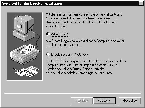 3 Wählen Sie Arbeitsplatz und klicken Sie auf [Weiter]. 4 Klicken Sie auf [Hinzufügen...]. Der Druckeranschlüsse-Bildschirm erscheint.