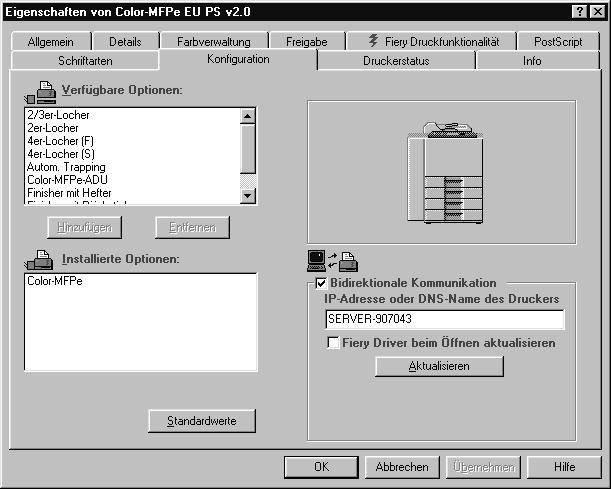 Wenn Sie unter Windows XP arbeiten, öffnen Sie den Ordner Drucker und Faxgeräte, um auf den Druckertreiber zu zugreifen. Der Eigenschaften-Bildschirm des Druckertreibers erscheint.