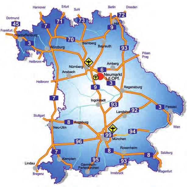LAGE Verkehrsanbindung Entfernungen (ab Stadtmitte) Nürnberg Amberg Ingolstadt Regensburg 37 km 43 km 65 km 72 km Würzburg München Augsburg Pilsen (CZ) Verkehrsanschlüsse Bundesautobahn 3