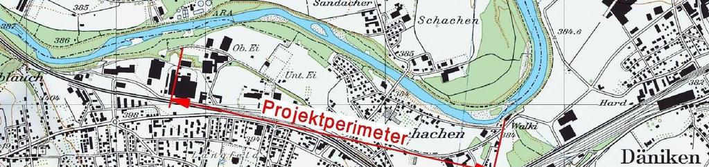 Dullikerstrasse: Der geschüttete Erddamm weist eine Länge von rund 1 355 m auf. Die Dammhöhen betragen je nach Abschnitt 0.60 bis 2.60 m ab bestehendem Terrain.