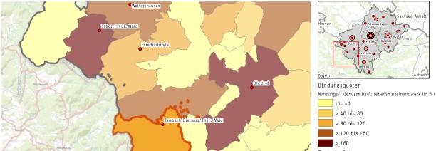 Karte 32: Bindungsquoten im Sortimentsbereich Nahrungs-/ Genussmittel/ Lebensmittelhandwerk in den Kommunen des Grundversorgungsbereichs des