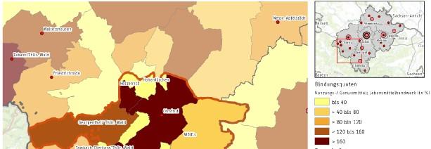 Karte 24: Bindungsquoten im Sortimentsbereich Nahrungs-/ Genussmittel/ Lebensmittelhandwerk in den Kommunen des Grundversorgungsbereichs des