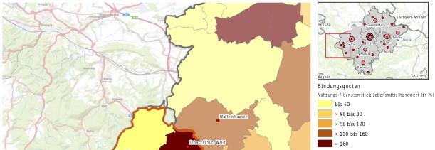 Karte 28: Bindungsquoten im Sortimentsbereich Nahrungs-/ Genussmittel/ Lebensmittelhandwerk in den Kommunen des Grundversorgungsbereichs des