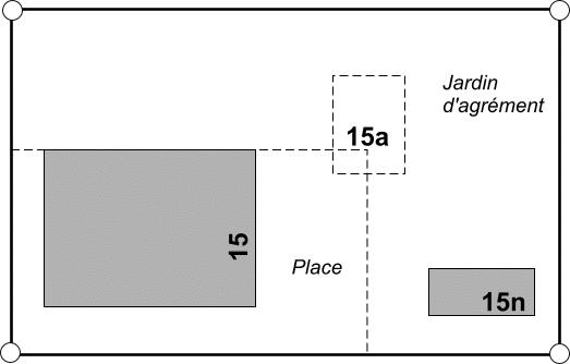 Zu beachten ist, dass die Gebäude 15 und 15n in der Bodenbedeckung und die 15a in den Einzelobjekten sind. Die 15a hat in der Beschreibung eine Fläche zwischen ( ).