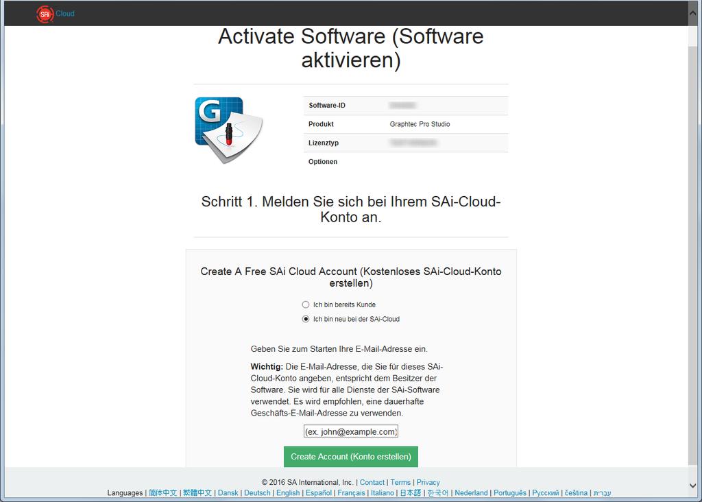 1. Konfiguration von Graphtec Pro Studio 1. Konfiguration von Graphtec Pro Studio 1-1 Benutzerregistrierung bei "SAi-Cloud" Führen Sie die Benutzerregistrierung bei "SAi-Cloud" durch. 1. Starten Sie den Browser auf dem Computer, geben Sie "www.