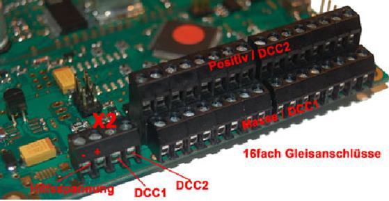 7.3 Anschlüsse am GBM16T Abbildung 20: Anschlüsse GBM16T X2 pin1: X2 Pin2: X2 Pin3: X2 Pin4: 5V GND 5V Plus DCC1 DCC2 X3, X7,
