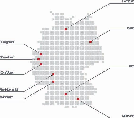 Mit Büros in Frankfurt am Main, Hamburg, Berlin, München, Köln/Bonn, Düsseldorf, Mannheim, im Ruhrgebiet und Ulm sind wir deutschlandweit präsent.