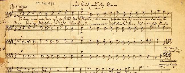 Felix Mendelssohn Bartholdys Autograph zum Lied Dreistigkeit 1837 schrieb er seine vier Quartette für Männerstimmen a cappella Trinklied, Wasserfahrt, Sommerlied und Dreistigkeit ab, die Texte dazu