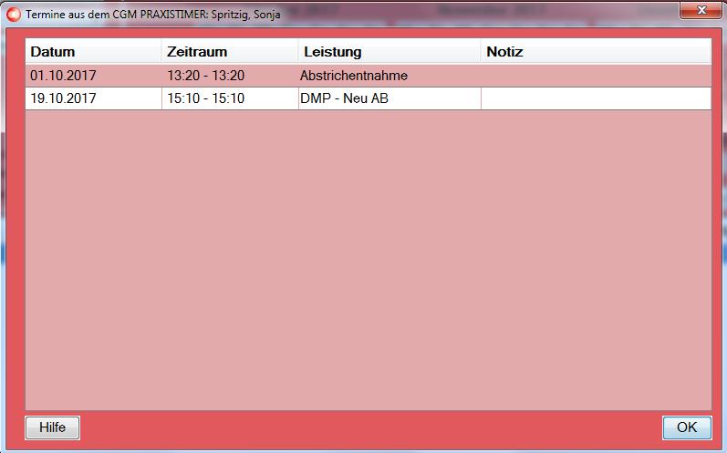PRAXISTIMER Aufruffunktionen Der Patient hat im selektierten Zeitraum einen Termin im CGM PRAXISTIMER und dieser passt außerdem zu seiner DMP-Indikation.