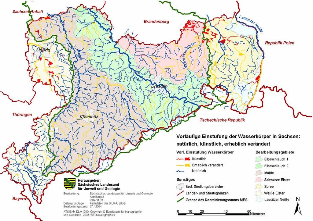 Karte der vorläufig als künstlich und erheblich verändert ausgewiesenen Wasserkörper in Sachsen Wirtschaftliche Analyse Ergebnisse im Kurzüberblick Mit der WRRL erfolgt europaweit eine verstärkte