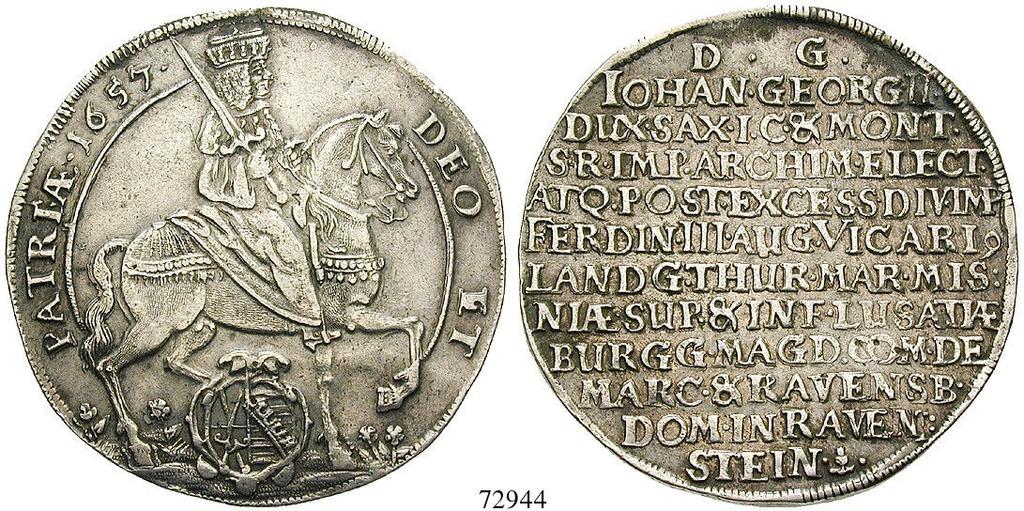 vz 650,- 72690 Johann Georg II., 1656-1680 Taler 1657, Dresden. 29,21 g. Auf das Vikariat, Umschrift beginnt am Kopf des Pferdes. Dav.7630; Schnee 901; Merseb.