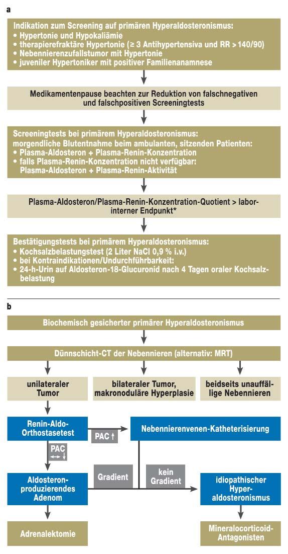 GRAFIK 1 Empfohlenes diagnostisches Vorgehen bei Verdacht auf primären Hyperaldosteronismus (nach 10) a) Screening und Diagnosesicherung des primären Hyperaldosteronismus (nach 10).