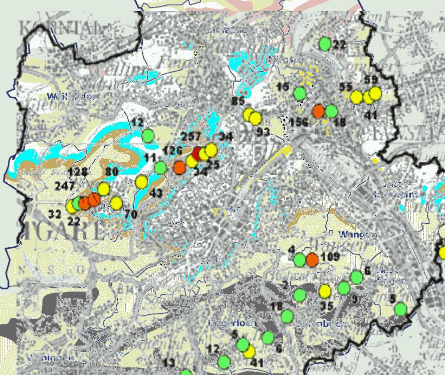 Abb. 1: Overlay der Karten zur Geologie und zu Radon-Bodenluftmessungen in Stuttgart, türkis Schilfsandstein Die Frage ist nun, wie sieht das messtechnisch für einen interessierten Privatmann an den