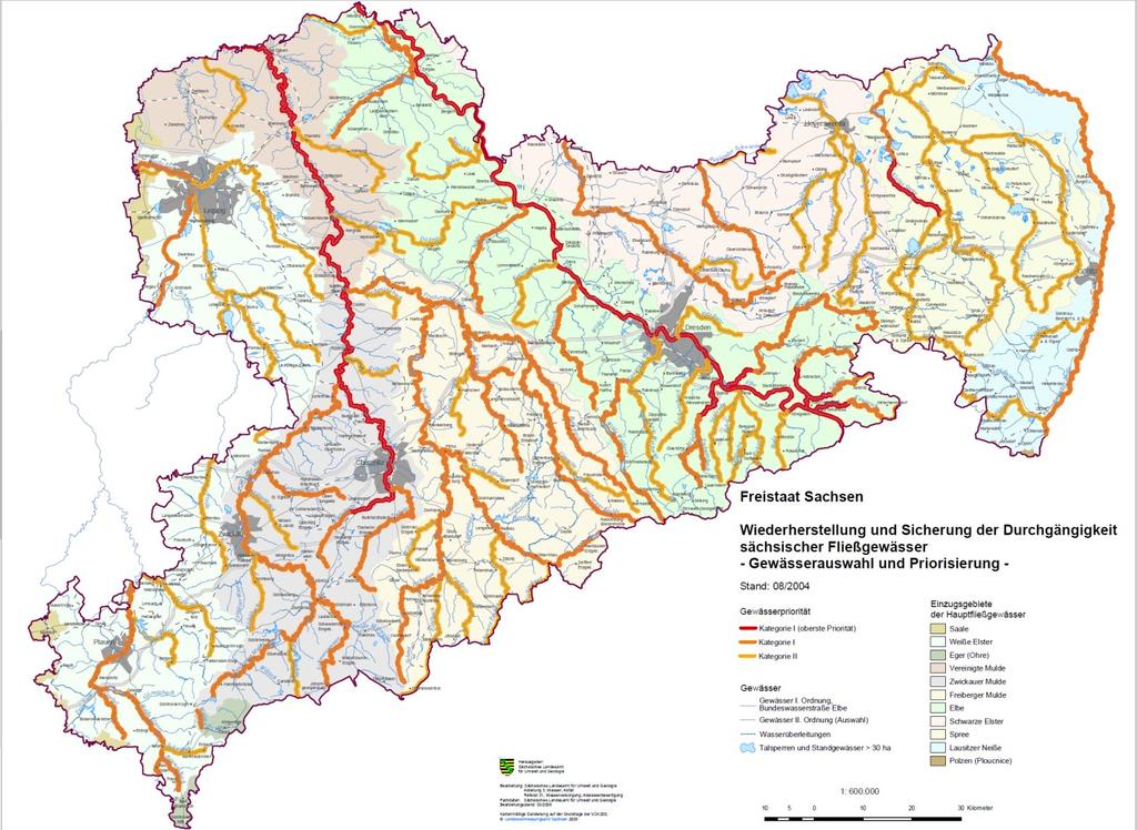 Sächsisches Durchgängigkeitsprogramm Bisheriger Stand Auswahlkriterien (2003) der Gewässer: Bedeutung für das Einzugsgebiet, für die Nebenflüsse und für mit ihnen in Zusammenhang stehende