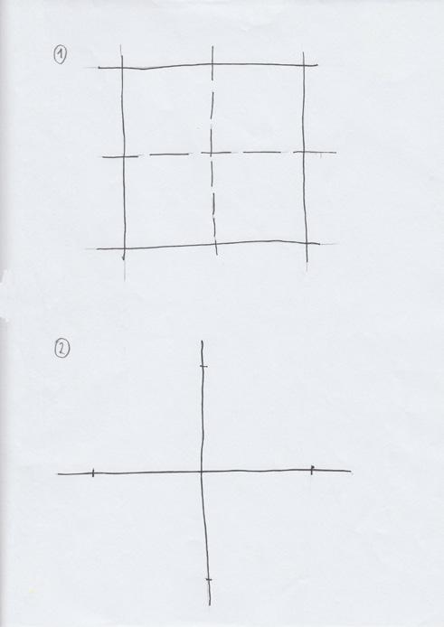Aufgabe 2: In das Quadrat werden analog zur Aufgabe 1 die Halbierungspunkte der Seiten samt entstandenem Viereck (Quadrat) und die Diagonalen eingetragen.