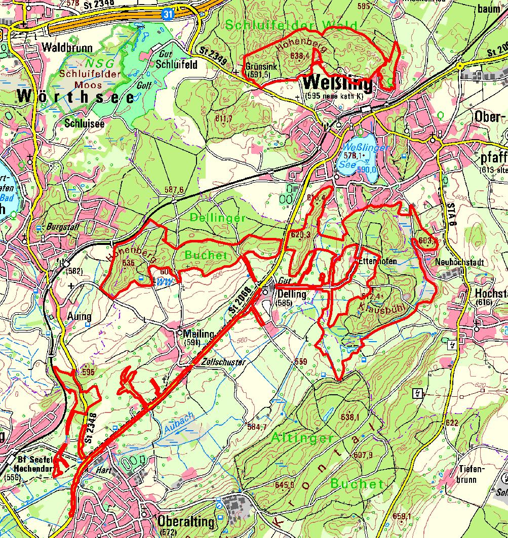 Das FFH-Gebiet 7933-371 "Eichenalleen und Wälder um Meiling und Weßling" umfasst eine Gesamtfläche von ca. 330 ha. Es setzt sich aus 8 Teilflächen zusammen.