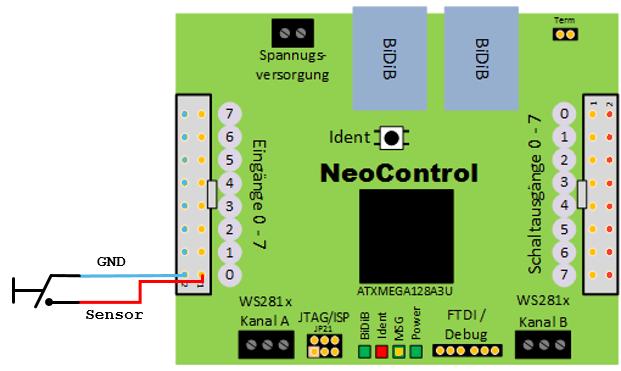 5.2 Eingänge Die 8 massebezogenen Eingänge der NeoControl, werden an dem Wannenstecker SV5 (Eingänge 0-7) angeschlossen.