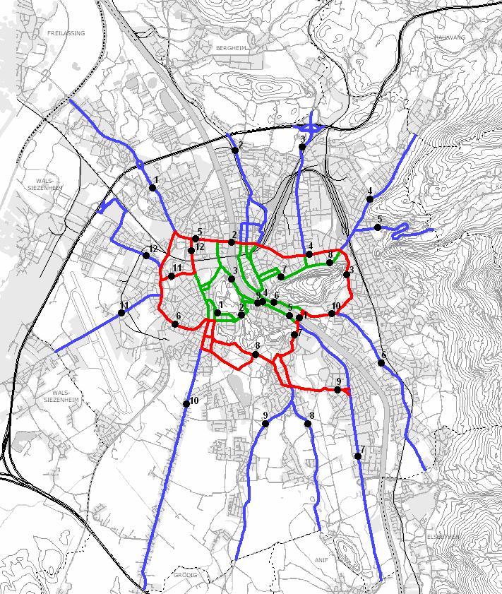 Motorisierter Individualverkehr Radialstraßen Stadt Salzburg 300.000 30,00% 250.000 248.750 25,00% 211.815 200.000 20,00% KFZ/24h 150.000 100.000 108.161 8,57% 166.