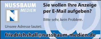 Der Betrag wird Ihrer nächsten Telefonrechnung belastet. Alle bisher geförderten Projekte finden Sie auf www.nussbaum-stiftung.de. Die telefonische Auftragsannahme für Anzeigen erreichen Sie unter Telefon 07136 9503-10 Wir freuen uns auf Ihren Anruf.