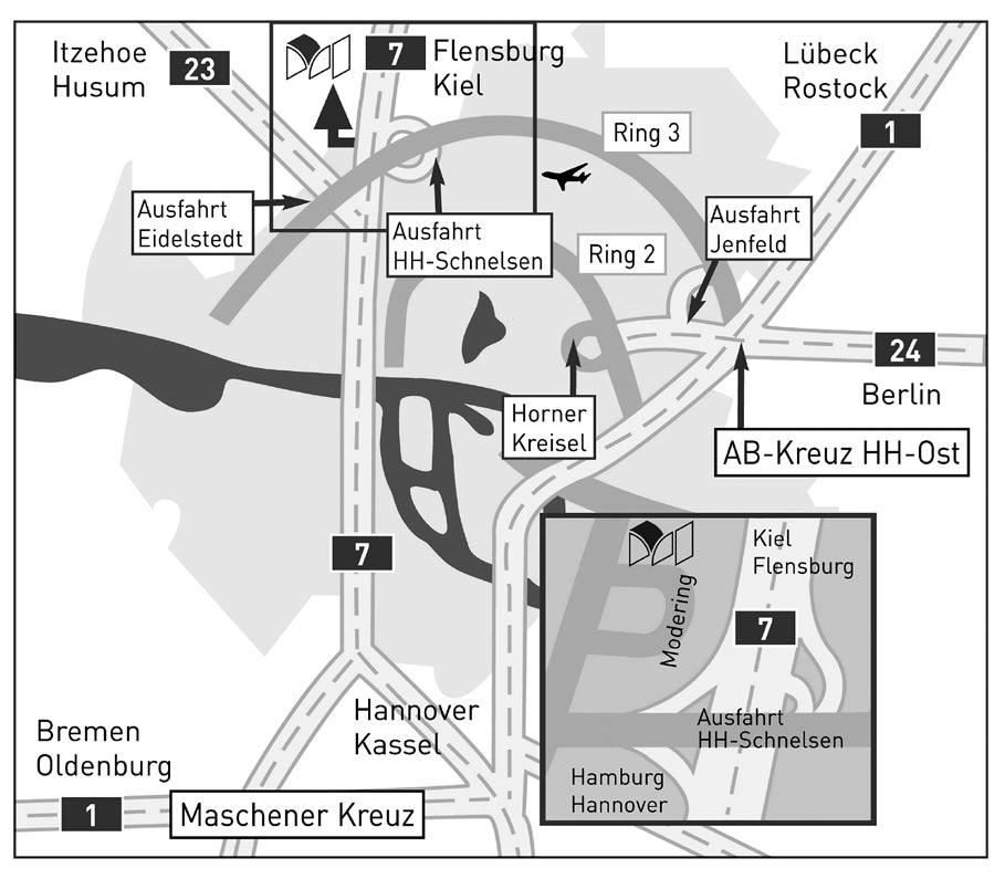 So finden Sie uns: Notizen: Mit den öffentlichen Verkehrsmitteln ist das Tagungszentrum der MesseHalle Hamburg Schnelsen über folgende Verbindungen zu erreichen: U2 bis Niendorf Nord, umsteigen in