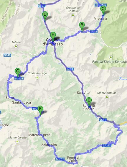 Sant Angelo 2 Passo Tre Croci Passo di Giau 1 Forcella di Staulanza Passo Cibiana Abschnitt bis Höhe km hm 1 Cortina d'ampezzo 1211 2 Venas di Cadore 860 3 Passo Cibiana 1530 4 Forno di Zoldo 848 5